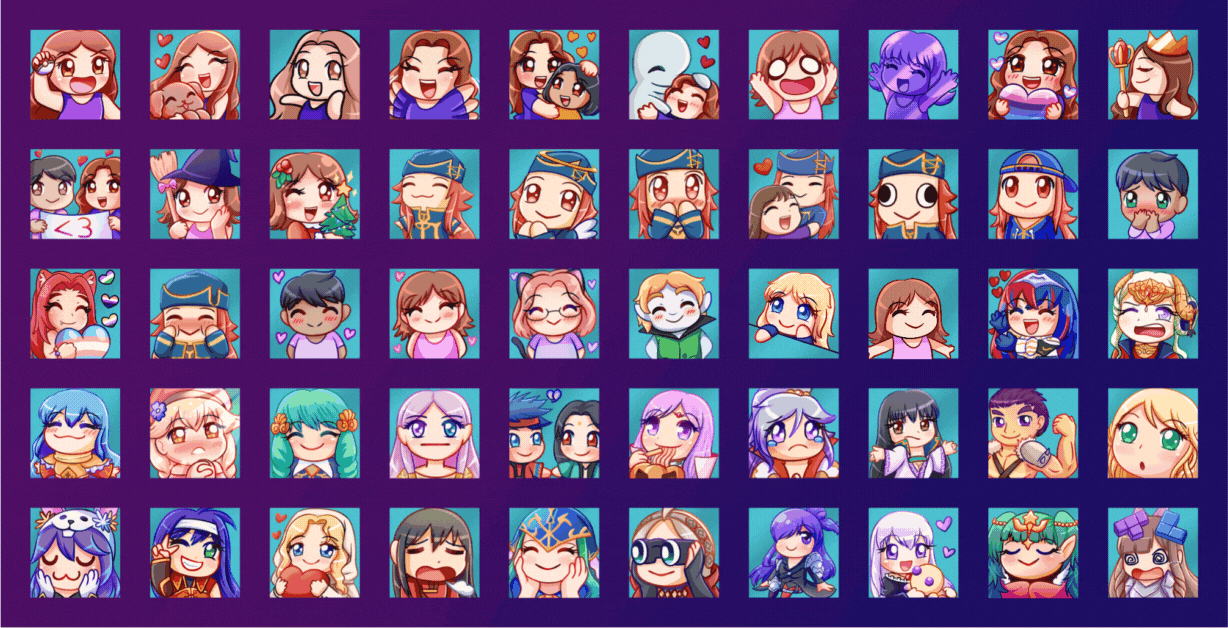 50 various emotes drawn for JoshuaFE8 by AngelRoseStar, 3 of which are animated