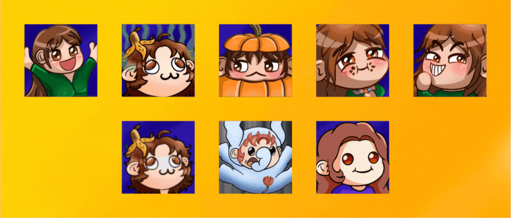8 emotes drawn for JoshuaFE8, by JadeMinibou, featuring themselves, 3 of which are animated