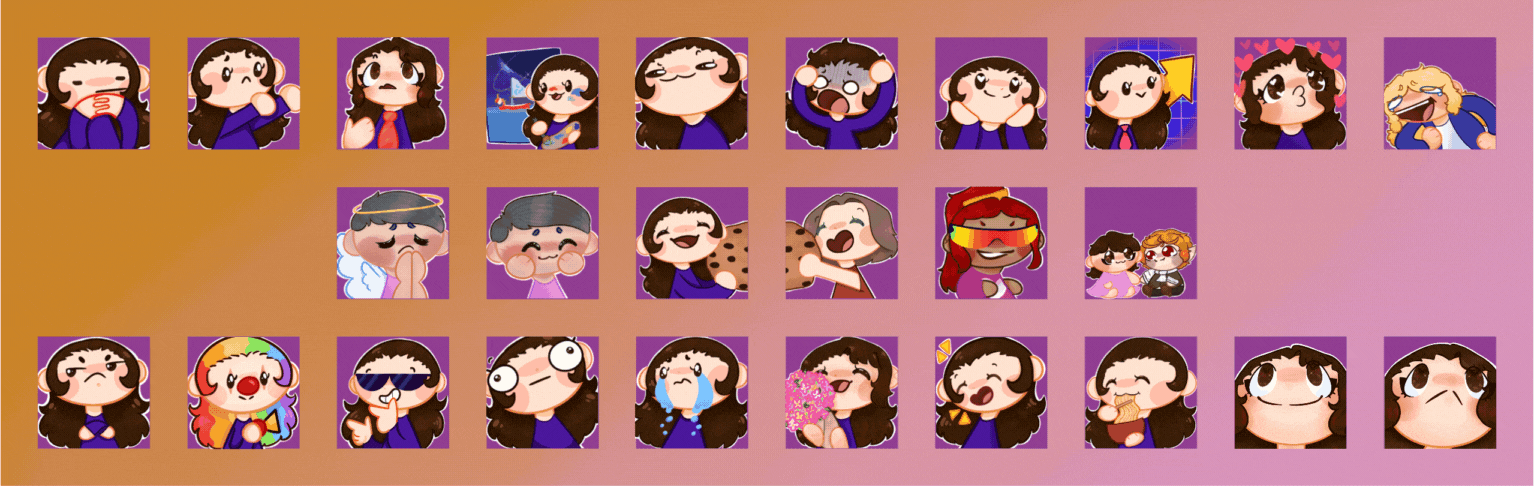 26 emotes drawn for JoshuaFE8, by kailey_rachel, featuring herself, their OCs, and some friends. 2 emotes are also animated
